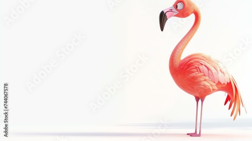 A pink flamingo stands on a white background. The flamingo is looking to the left of the frame. © Farm