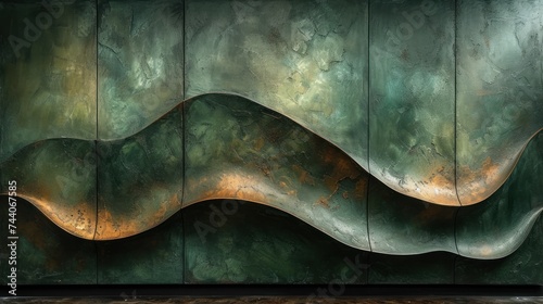  a painting of a wave on a wall with a bench in the foreground and a vase in the foreground with a vase in the foreground and a vase in the foreground.