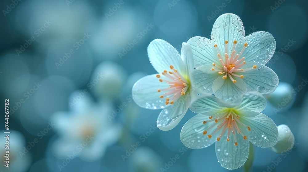  a close up of a flower with drops of water on it's petals and a blurry background of blue and white flowers in the middle of the image.