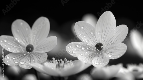  a black and white photo of flowers with drops of water on the petals and a lady bug in the middle of the petals, on a black and white background.