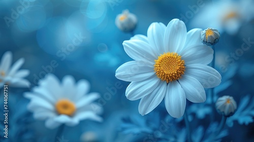  a close up of a white flower with a yellow center surrounded by blue and white flowers with blurry boke of light coming from the center of the flower.