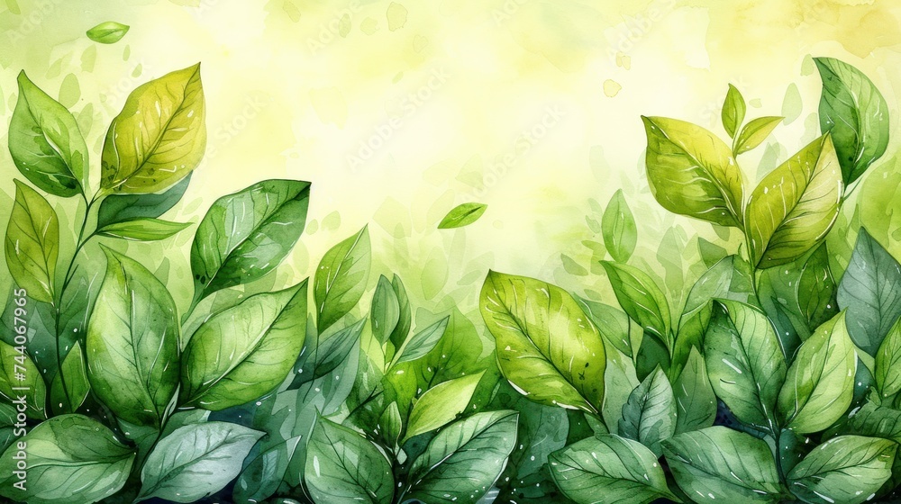 a painting of a green leafy plant with water droplets on it's leaves and water droplets on it's leaves, with a yellow background of green leaves and yellow. a painting of a green leafy plant with water droplets on it's leaves and water droplets on it's leaves, with a yellow background of green leaves and yellow.