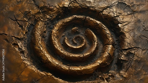  a close up of a metal object that looks like a spiral in the middle of a piece of wood that has been cracked and rusted with a bit of gold paint on it.