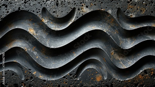  a close up of a metal object that looks like a wave or wave with rust on the side of it and water droplets on the top of the top of it.