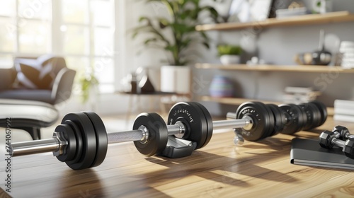 A dumbbell fitness corner in a room with wooden floors.