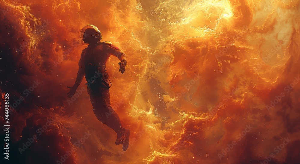 A fearless firefighter in a space suit soars through a fiery amber sky, determined to save lives no matter the challenge