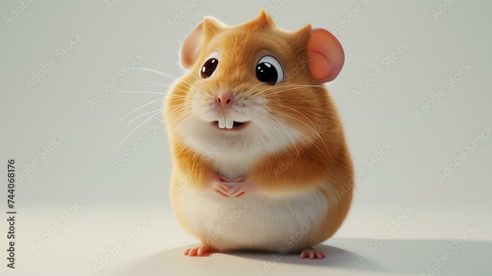 Cute and cuddly hamster looking at the camera with a happy expression on its face. It has brown and white fur, big round eyes, and a pink nose.
