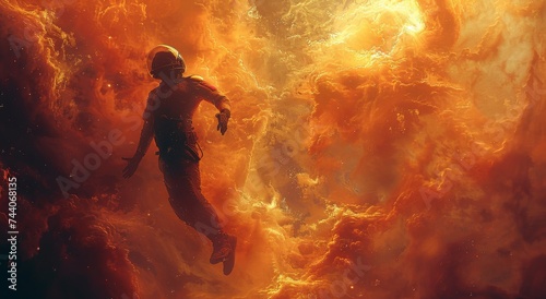 A fearless firefighter in a space suit soars through a fiery amber sky, determined to save lives no matter the challenge