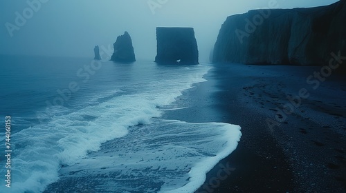  a body of water next to a beach with a large rock formation in the middle of the ocean on a foggy day with a few waves coming in the foreground.