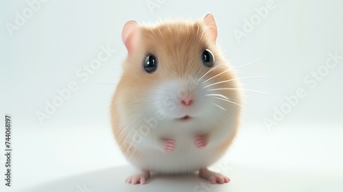 Cute hamster standing on his hind legs with his paws together, looking up at the camera with a curious expression on his face. © Farm