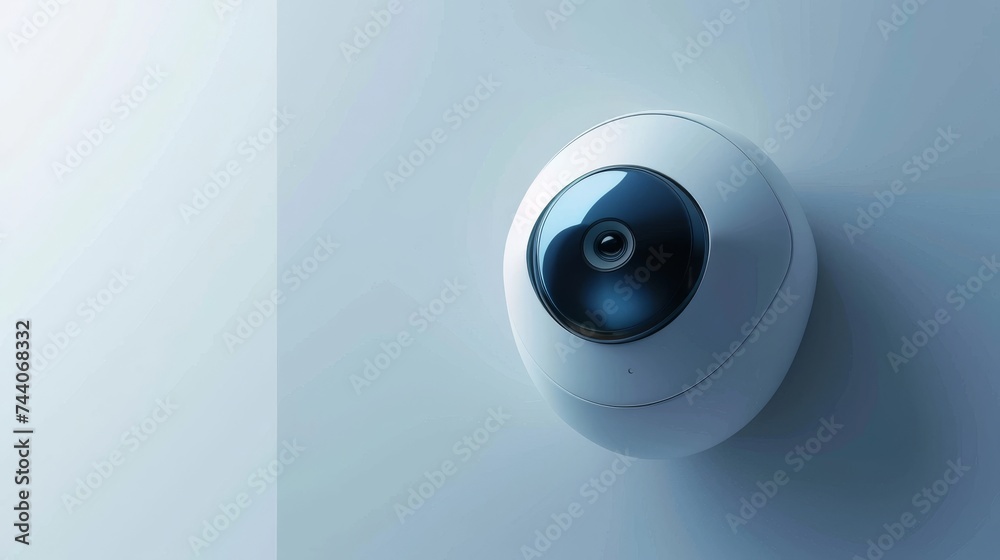 A close-up of a security wi-fi video camera mounted on a white wall.
A close-up of a security wi-fi video camera mounted on a white wall.