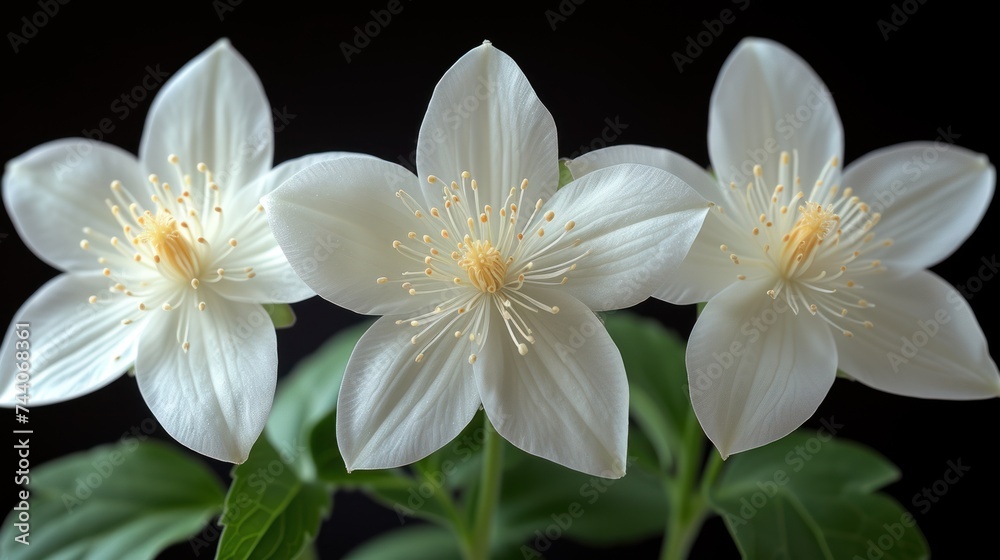 a group of white flowers sitting on top of a lush green leafy plant covered in lots of yellow stamens on a black background with a black background. a group of white flowers sitting on top of a lush green leafy plant covered in lots of yellow stamens on a black background with a black background.