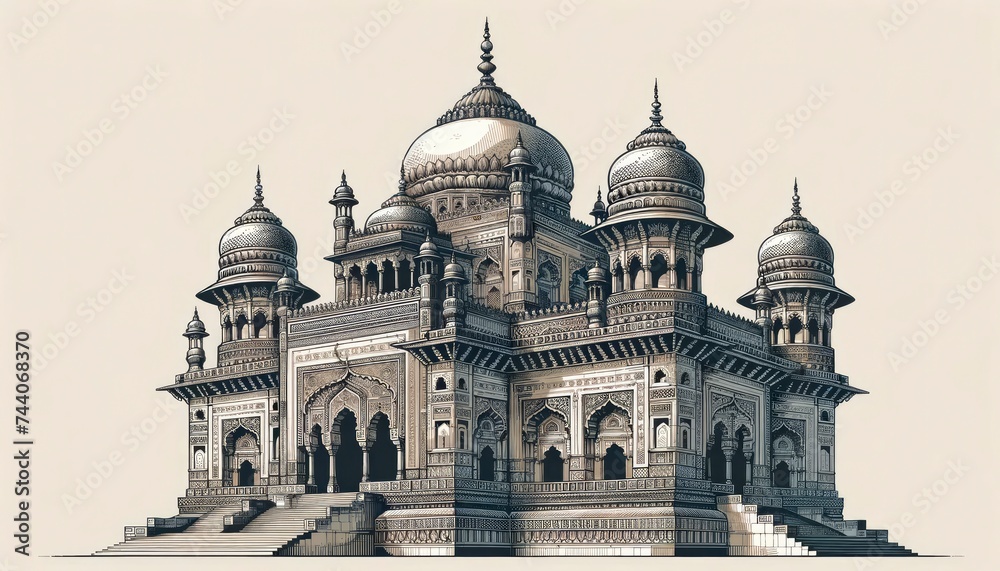 Historic architectural landmark adorned with intricate carvings, domes, and arches. This stone structure signifies the grandeur and craftsmanship of ancient architectural styles. AI Generative