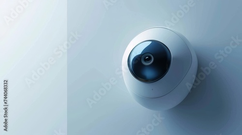 A close-up of a security wi-fi video camera mounted on a white wall. 