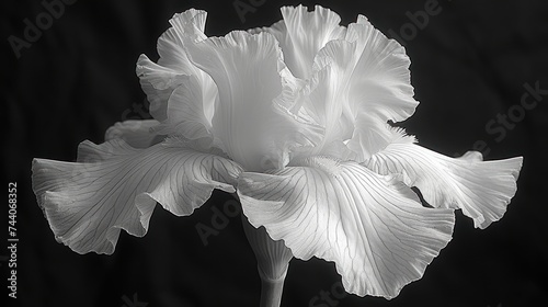  a black and white photo of a single white iris in a black and white photo with a soft focus to the center of the iris's petals and the petals.