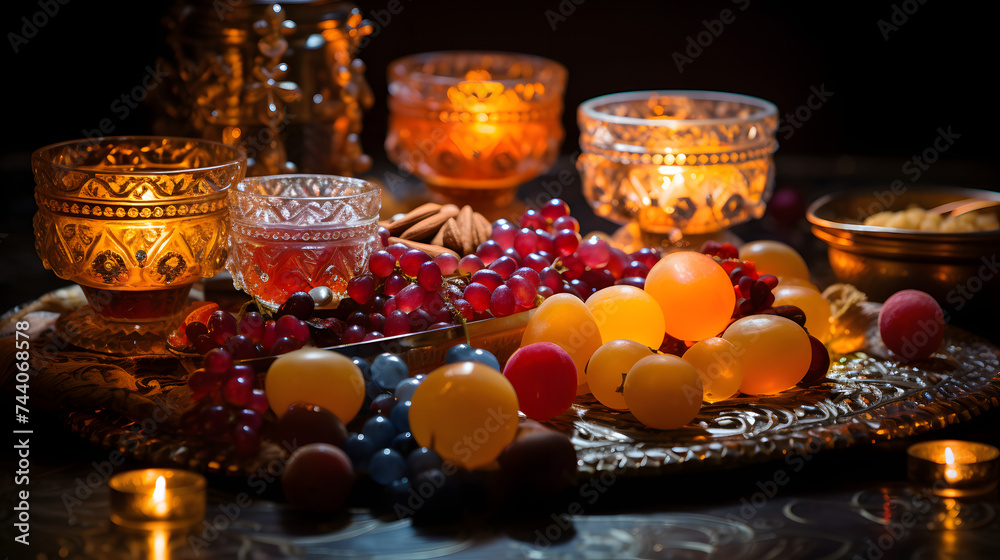 colorful sweets with glasses and candles at one table colorful sweets with glasses and candles at one table
