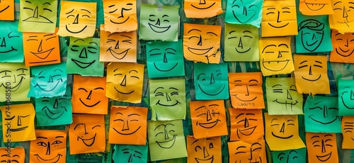 a wall full of colorful smiling notes on it, happycore, joyful and optimistic concept