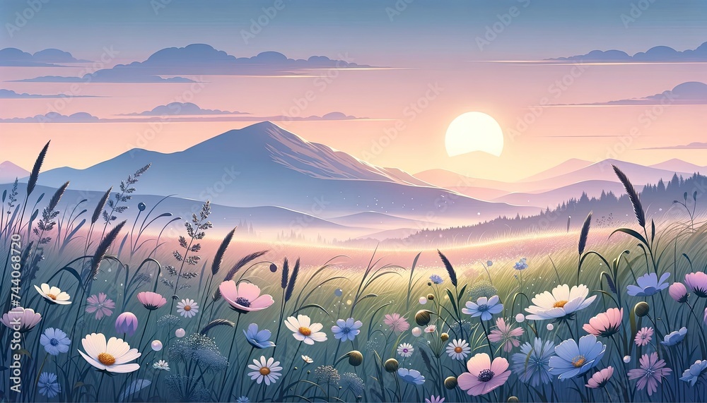 An illustration of a serene meadow at dawn, showcasing wildflowers, dewdrops, and a distant mountain range silhouetted against the morning sky. AI Generated