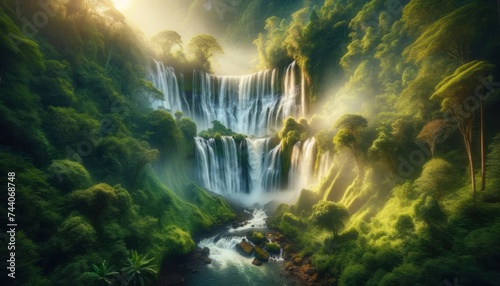 A breathtaking photo capturing a cascading waterfall flowing through a lush green forest, with mist rising and sunlight filtering through the canopy. AI Generated #744068748
