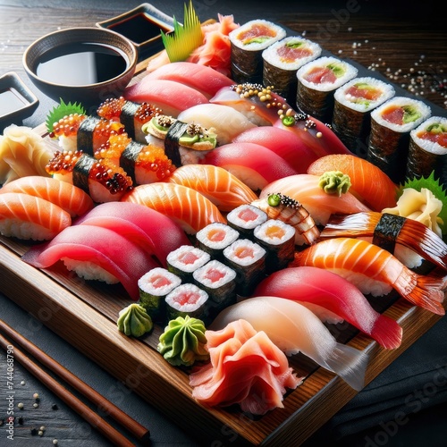 A sushi platter arranged on a wooden board, showcasing a variety of sushi types and complemented by garnishes like pickled ginger, wasabi, and soy sauce. AI Generative