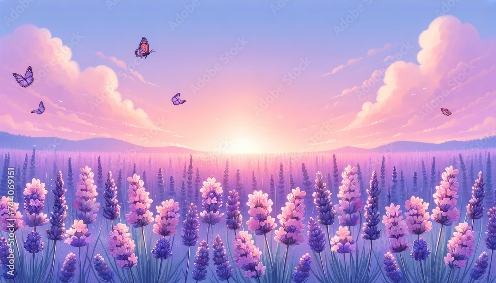 An illustration of a serene field of lavender flowers under a soft evening sky with butterflies fluttering around, creating a tranquil atmosphere. AI Generated