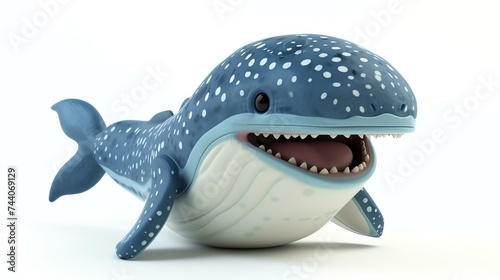 This is a 3D rendering of a cartoon whale. It has a light blue body with white spots and a white belly.