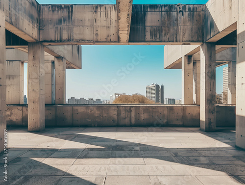A minimalistic architectural design with clean lines, concrete walls, and open space, under a clear sky.