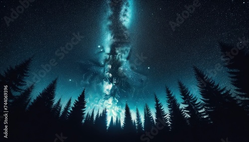 A mesmerizing night sky showcasing a myriad of stars and the Milky Way, complemented by silhouettes of pine trees at the bottom. AI Generated