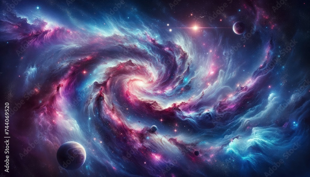 A mesmerizing cosmic scene showcasing a galaxy with swirling colors and various celestial bodies, perfect for a captivating desktop background. AI Generated