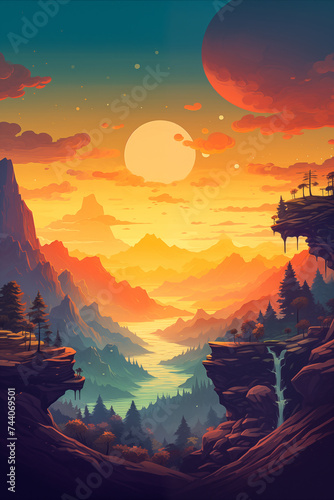 depicts a breathtaking landscape scene at sunset with towering mountains and a vibrant, multicolored sky. photo