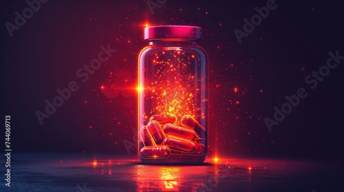  a glass jar filled with gold flakes on top of a dark surface with a red light coming from the top of the jar and a red light coming out of the top of the jar.