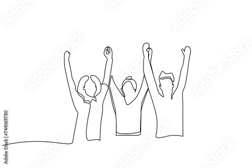 Εκτύπωση καμβά three friends people rejoice celebrating victory success happy one line art desi