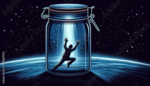 An illustration depicting a person trapped inside a glass jar, symbolizing feelings of confinement, isolation, and the overwhelming weight of depression. AI Generated photo