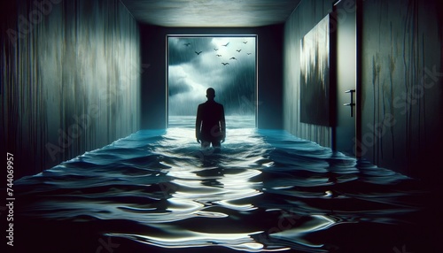 An artwork showing a figure standing in a room filled with water, representing the suffocating grip of depression and the fight to stay afloat. AI Generated photo