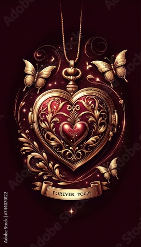 An illustrated card featuring a heart-shaped locket set against a rich burgundy background, with whimsical butterflies and the phrase 'Forever Yours' gracefully written at the base. AI Generative