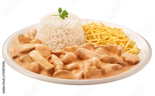 prato com delicioso strogonoff de carne bovina acompanhado de porção de arroz branco e batata palha