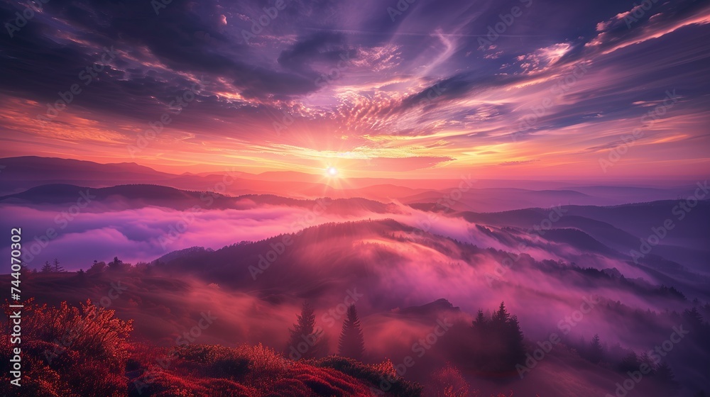 sunset behind the clouds in the mountains, in the style of violet and crimson, dreamy landscape concept