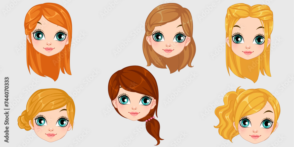 Set of cute girls with different hairstyles and color Vector