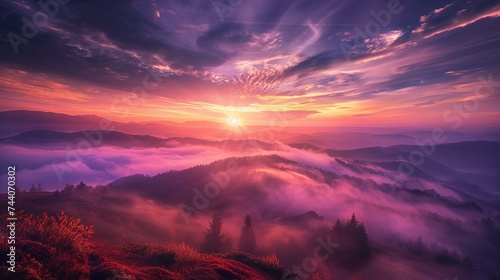 sunset behind the clouds in the mountains, in the style of violet and crimson, dreamy landscape concept © Charisma Art Studio