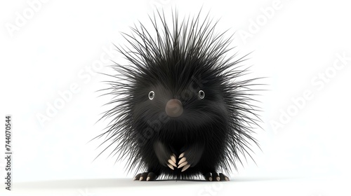 3D rendering of a cute porcupine with black fur and white belly standing on all four paws and looking at the camera with a curious expression. photo