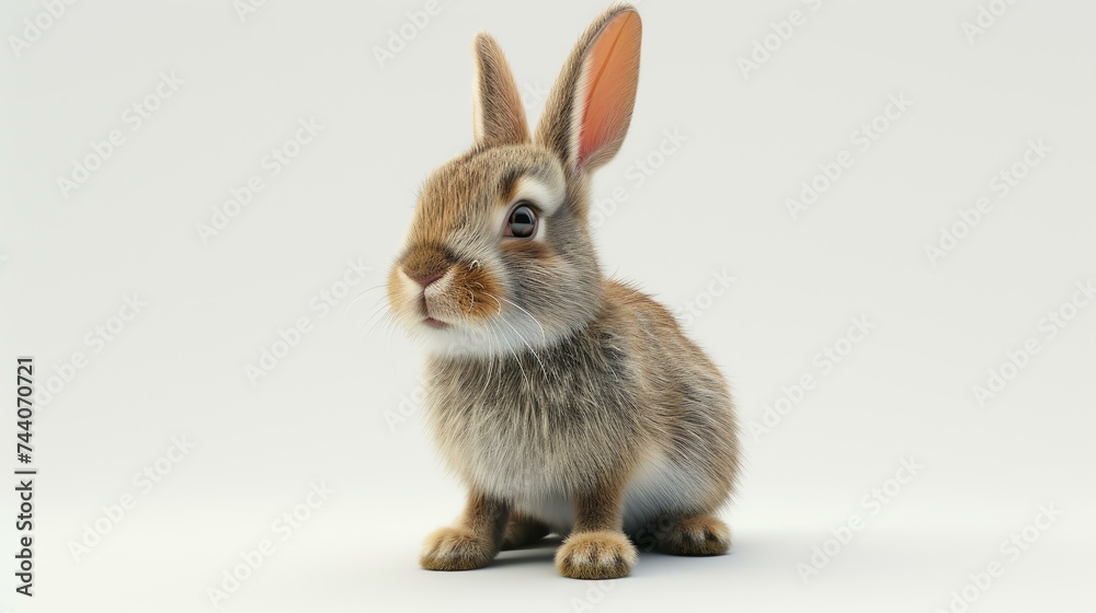 Cute baby bunny sitting on a white background. The bunny is brown and white with a pink nose and black eyes.