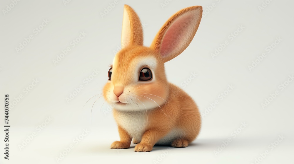 Cute 3D rendering of a fluffy brown rabbit sitting on a white background.