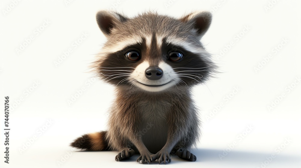 A cute raccoon is sitting on a white background. The raccoon has big eyes and a bushy tail. It is looking at the camera with a curious expression.