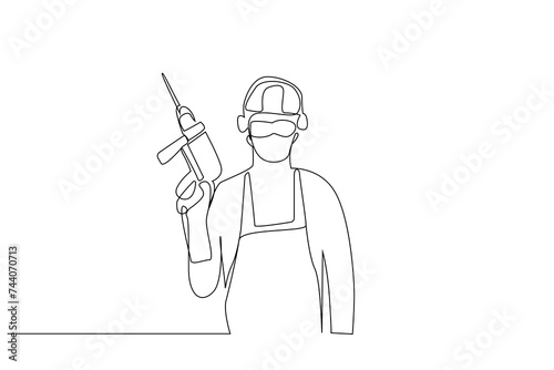 industry worker drill construction safety glasses helmet person portrait one line art design
