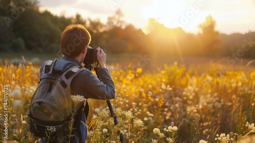 a person taking pictures of flowers in a field during sunset, light yellow and amber, 