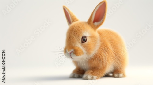 Cute baby bunny rabbit with brown fur sitting on a white background. The rabbit is looking at the camera with its ears perked up. © Farm