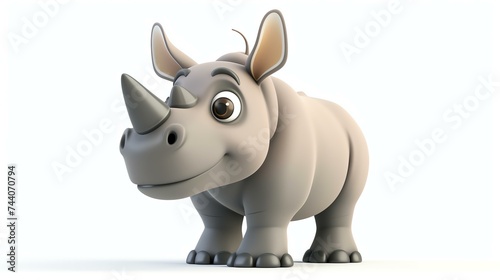 This is a 3D rendering of a cartoon rhinoceros. The rhino is gray and white, with a single horn on its nose.