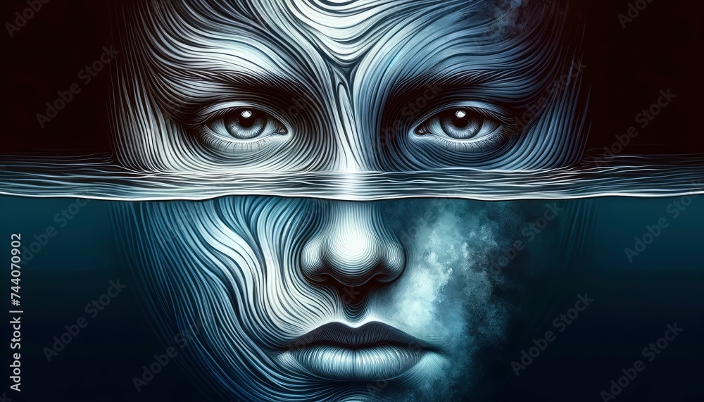 A portrayal of a face, half submerged in water, capturing the duality of external composure and internal turmoil. AI Generative - obrazy, fototapety, plakaty 