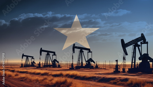Oil production in the Somalia. Oil platform on the background of the Somalia flag. Somalia flag and oil rig. Somalia fuel market. photo