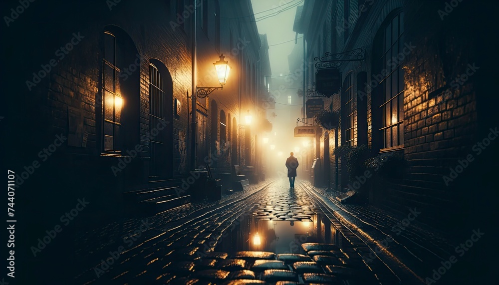 A dimly lit alleyway after rain, with reflections on wet cobblestone streets and a distant silhouette of a lone figure walking. AI Generative